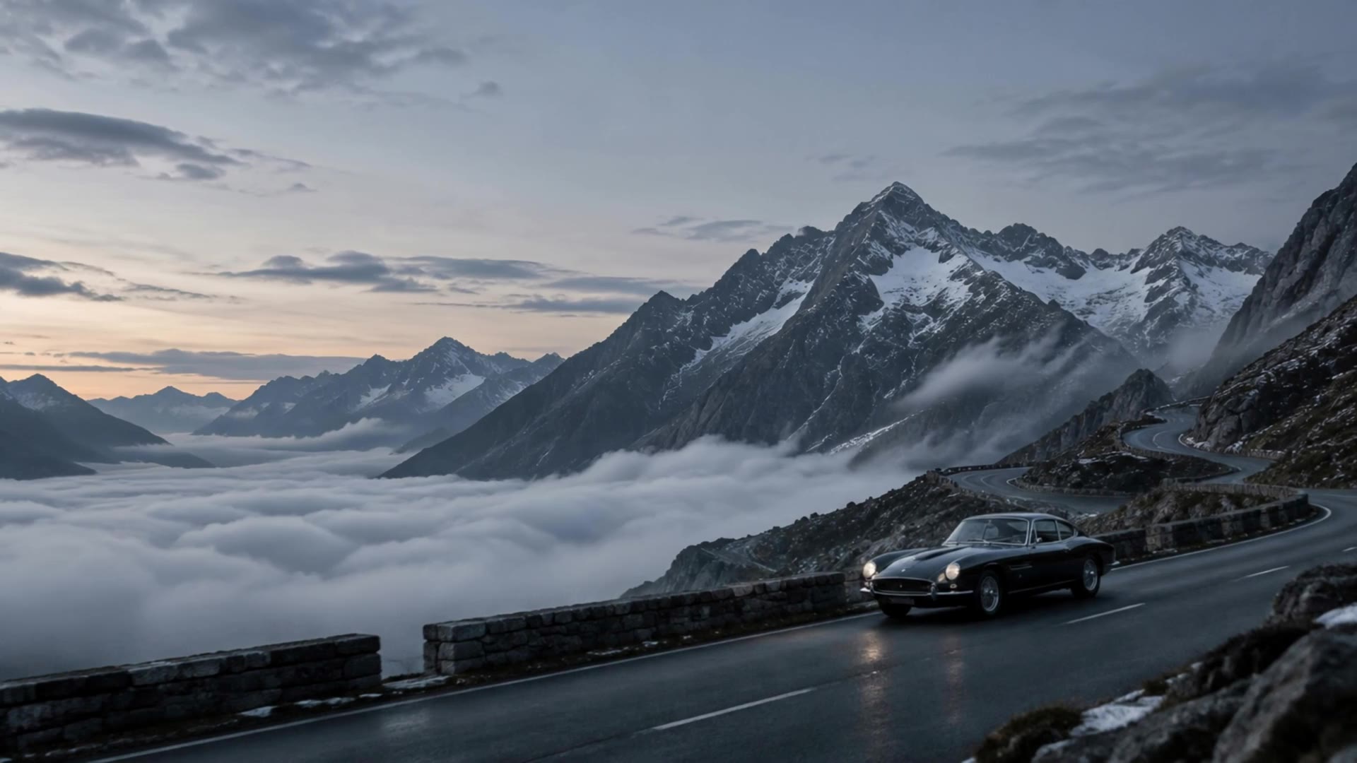 Illustrative mountain road with a classic car
